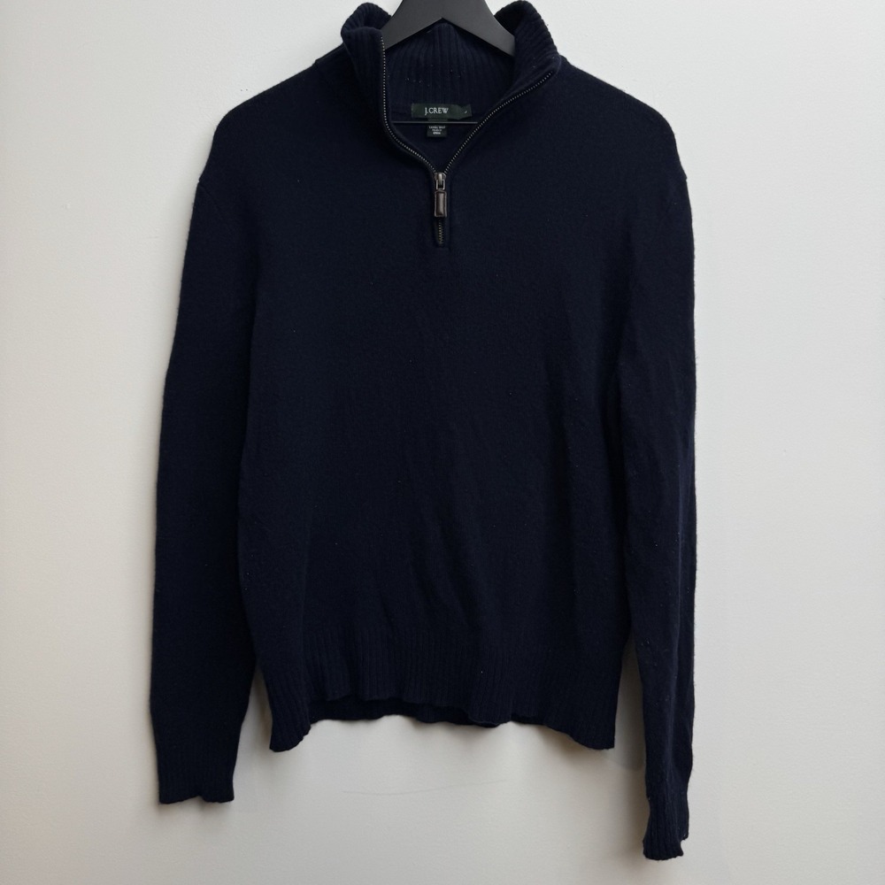J.Crew Sweater L 100% Lambswool Blue 1/4 Zip Mock Neck Knit Pullover Preppy Mens